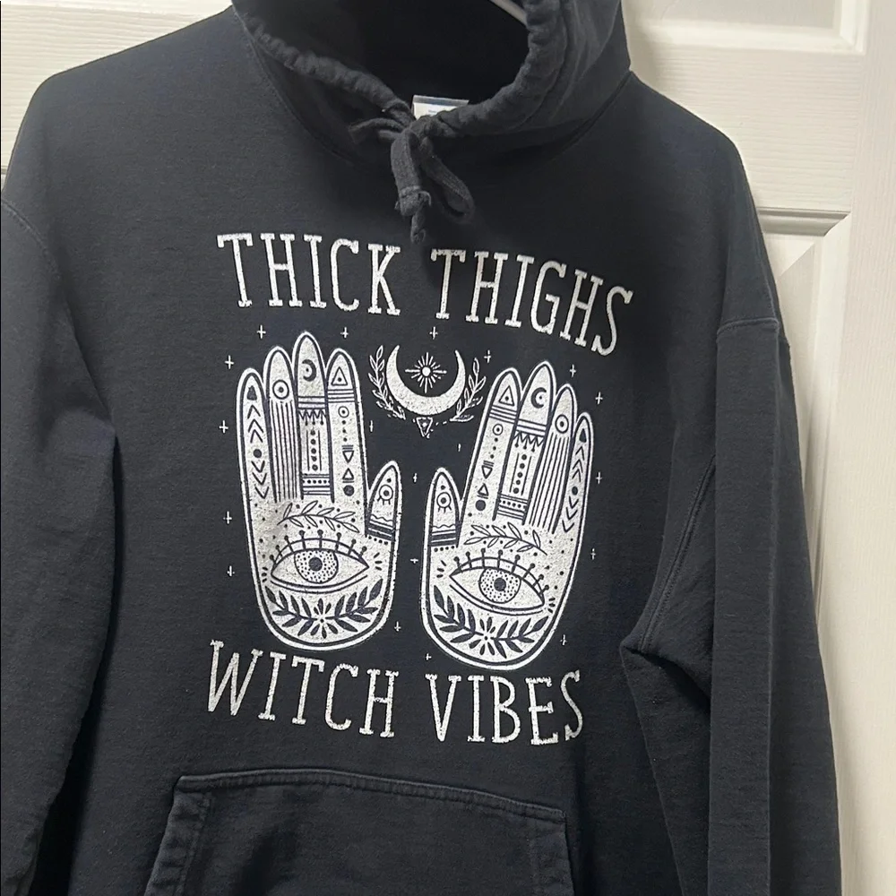 Port & Company Black Graphic Hoodie - Thick Thighs Witch Vibes  Size XLARGE - Picture 8 of 15